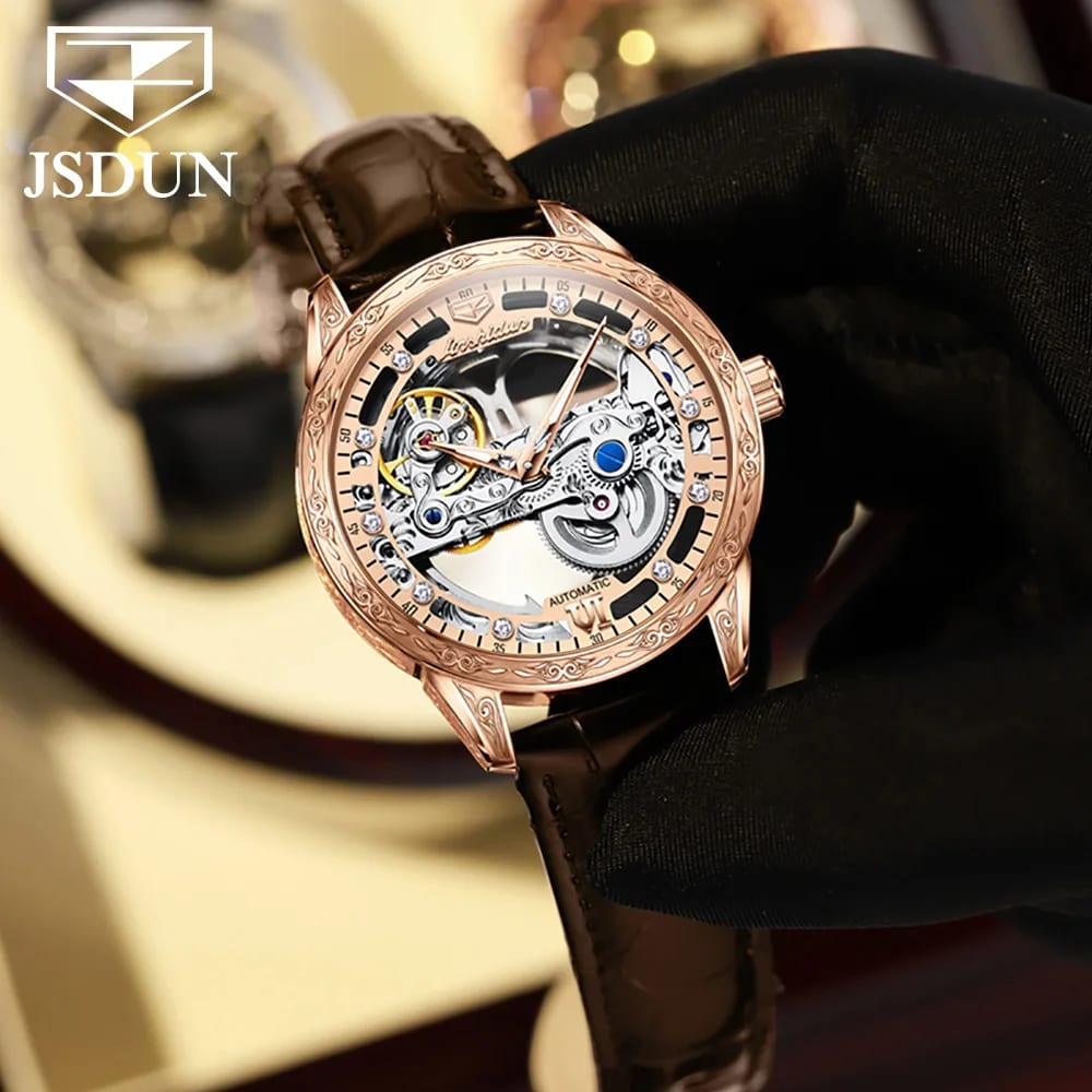 JSDUN Rose Gold Skeleton Luxury Men Automatic Watch